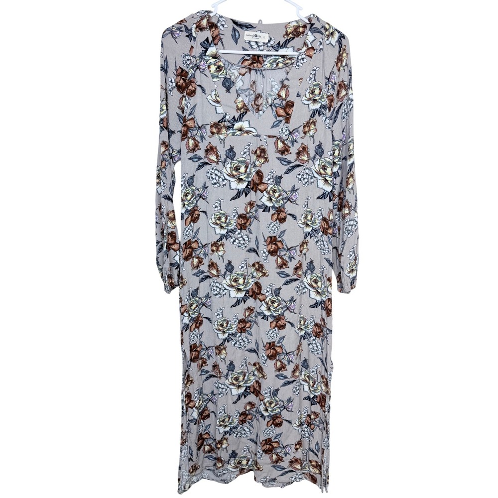 Natural Life Women Floral Maxi Dress L Gray Boho Long Sleeve V-Neck Side Slits